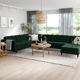 Emerald sofa, wood coffee table, large windows, pendant light, speckled rug, cushions.