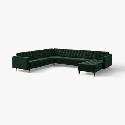 Dark green l-shaped velvet sectional sofa with wooden legs.