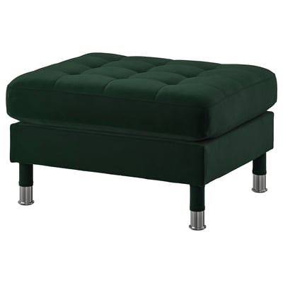 Displays a green, square LANDSKRONA footstool with a tufted seat, chrome legs, and a velvet cover.