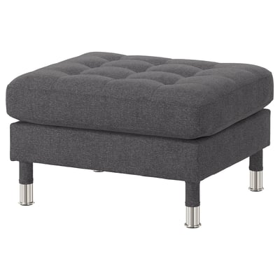 A modern gray LANDSKRONA footstool with chrome legs, upholstered in recycled fabric, offering comfort and style.