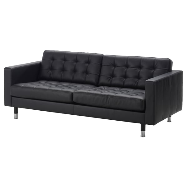 Black leather sofa, modern design with tufted seats and back, chrome legs, clean lines.