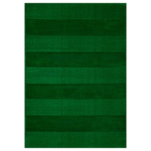 Green striped rug, soft, recycled materials, stripe pattern, warm.