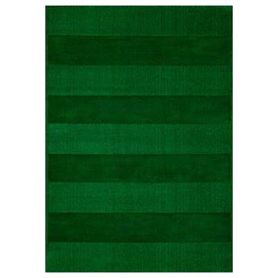 Green striped rug, soft, recycled materials, stripe pattern, warm.