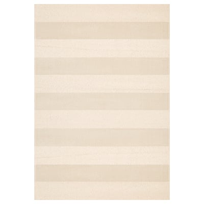 Off-white stripe rug, rectangular, soft yarn stripes.