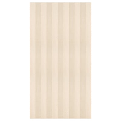 Off-white striped rug, rectangular shape, soft low pile, recycled materials.