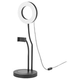 A black LÅNESPELARE ring light with phone holder. It a circular light on an adjustable stand with a mobile grip.