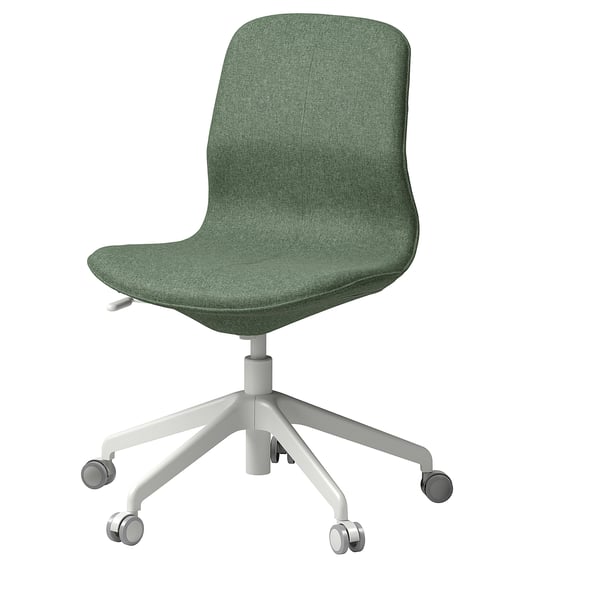 A LÅNGFJÄLL office chair in green, with a height-adjustable seat and lumbar support. It a white aluminum star base with five casters.
