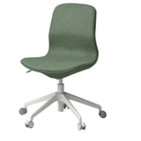 A LÅNGFJÄLL office chair in green, with a height-adjustable seat and lumbar support. It a white aluminum star base with five casters.