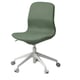 Option: A LÅNGFJÄLL office chair in green, with a height-adjustable seat and lumbar support. It a white aluminum star base with five casters.