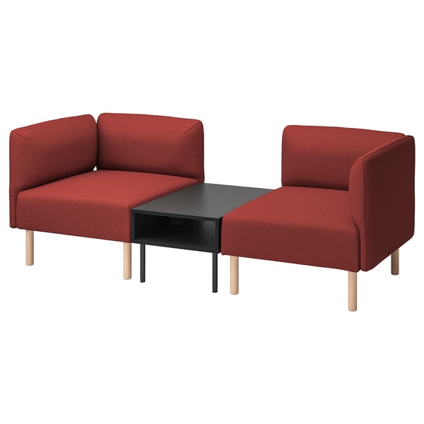 Vibrant red modular sofa set with wooden legs and black side table.
