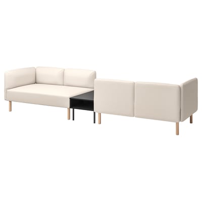 Clean, minimalist sofa set in beige, modular design with detachable covers, wooden legs, and a side table, perfect for versatile seating arrangements.