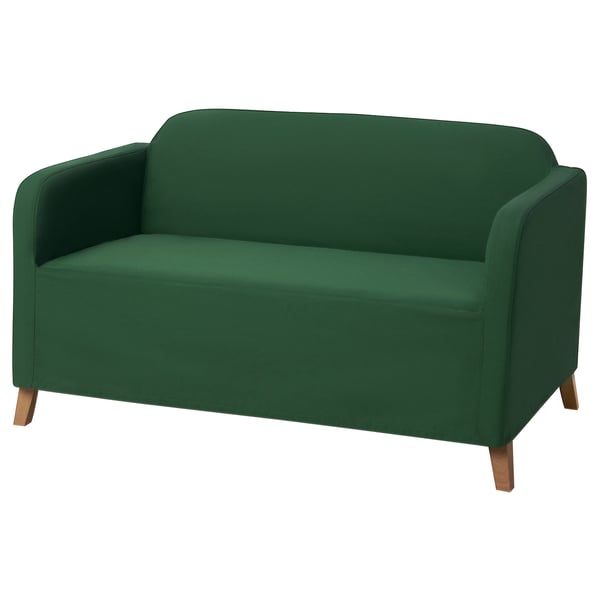 A green LINANÄS 2-seat sofa with wooden legs, designed for comfort and style.