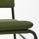Modern olive-green upholstered chair with sleek black frame, showcasing quality design and comfort.