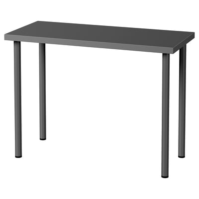 Black LINNMON desk: modern, compact, sturdy fibreboard & steel.