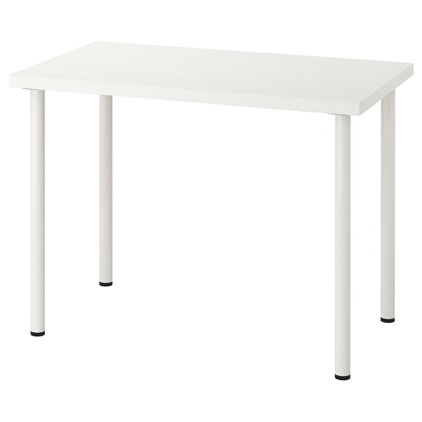 LINNMON white desk - modern, rectangular shape, four metallic legs.