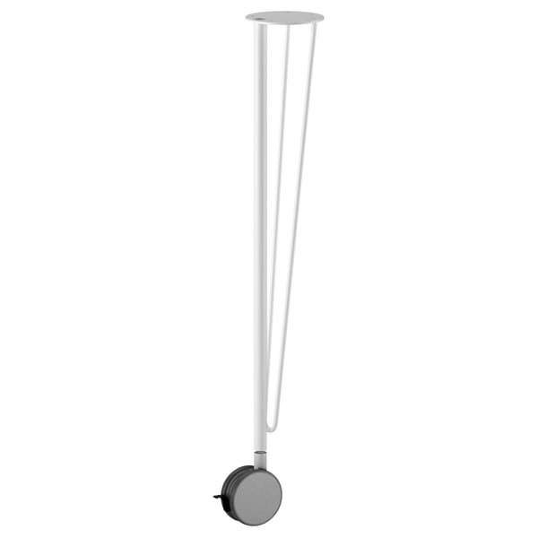 A LINNMON table leg in white with grey wheel.