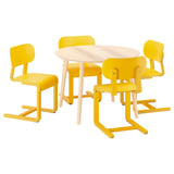 Bright yellow modern dining set with round wooden table, four matching cantilever chairs.