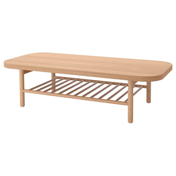 Wooden LISTERBY coffee table, oak, natural finish, rectangular top with slatted shelf.