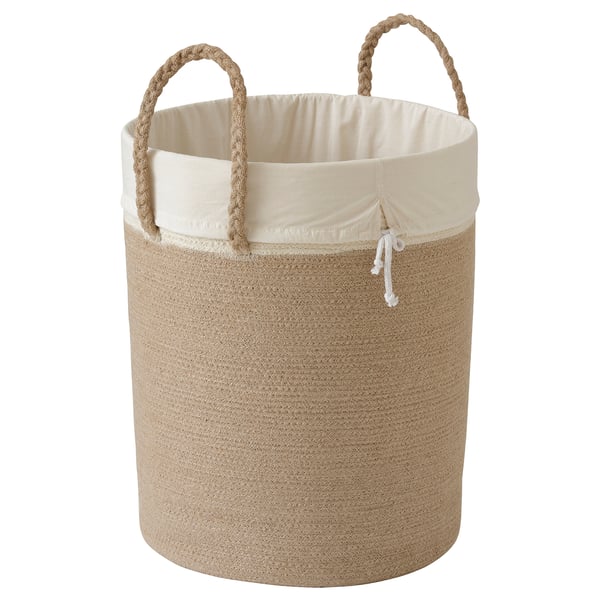 LJUNGAN laundry basket, beige, jute & cotton, cylindrical with rope handles.