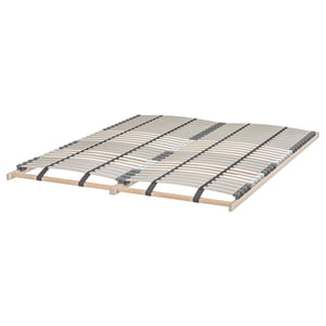 A wooden LÖNSET slatted bed base with light-colored veneer and curved slats for comfort and support.