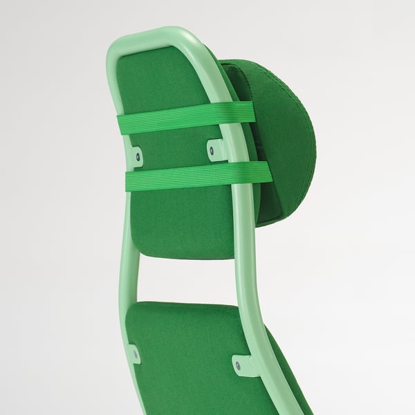 Green gaming chair backrest detail: mesh, adjustable straps, cushioned headrest, durable frame.