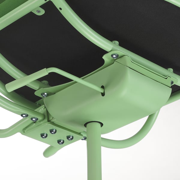 Close-up of green gaming chairs sturdy metal frame and mesh seat, showcasing adjustable parts.