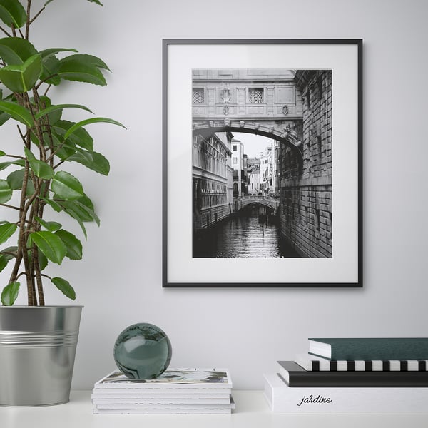 Bridge over canal photo on wall, plant and books nearby.