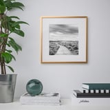 Black-and-white landscape print above shelf with magazines, blue sphere, and plant.