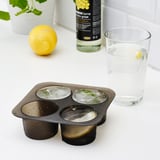 Ice cube tray with large compartments containing frozen herbs and lemon slices. A glass of water with a lemon slice sits beside it.