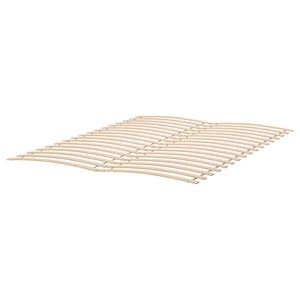 Image shows LURÖY slatted bed base, light beige, curved wooden slats, rectangular shape.
