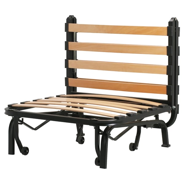 LYCKSELE foldable bed. Black metal frame, wooden slats, compact design.