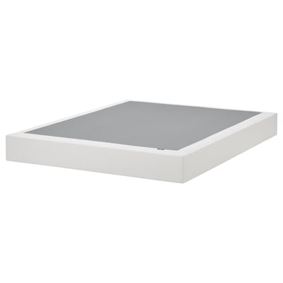 White LYNGÖR mattress base, rectangular, wooden frame with removable cover.