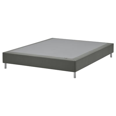LYNGÖR grey bed base: sleek fabric cover, metal legs, even slats for mattress support.