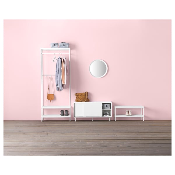 White MACKAPÄR organizer: shelves, hooks, compartments, durable steel.