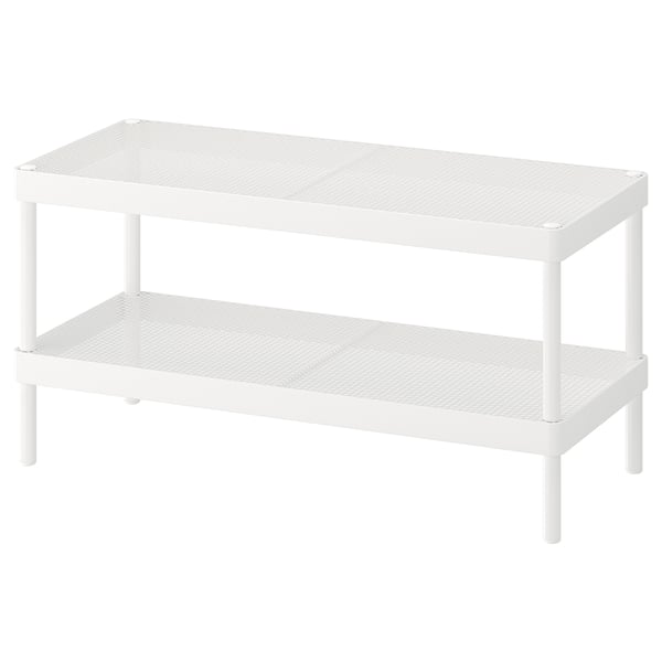 White metal shelf table with two tiers. Sleek design, rectangular shape, great for storage.
