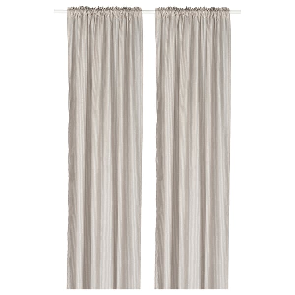 MÄSTERROT curtains: beige/white dot pattern, sheer, easy-care polyester. Hang via heading tape or hooks. Create casual or formal looks.