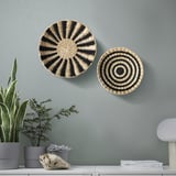 Handwoven wall baskets in black & beige, creating bold geometric art. Easy to hang on wall or use as table decor.