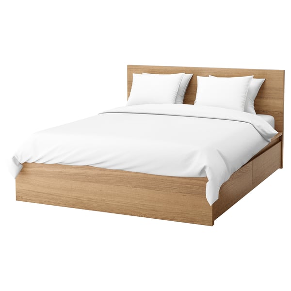 MALM Bed frame, high, w 2 storage boxes, oak veneer, Luröy, Standard Double - IKEA Ireland