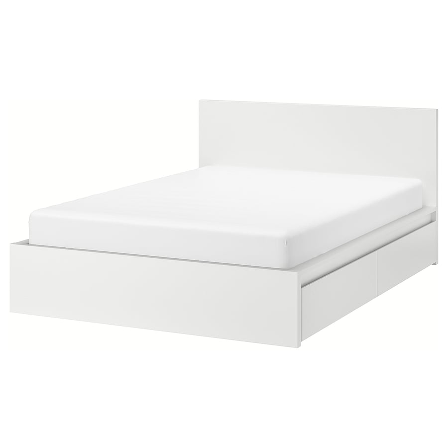 MALM Bed frame, high, w 2 storage boxes, white, Lönset, Standard King