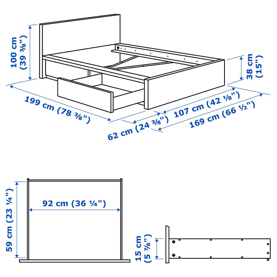 MALM Bed frame, high, w 2 storage boxes, white, Standard Single IKEA