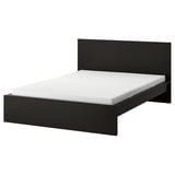 Black MALM bed: modern, square, black with white mattress, wood veneer.