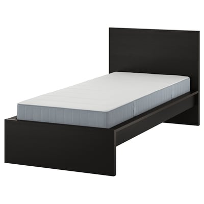 Black MALM bed with white mattress, minimalist design, solid wood veneer, clean lines.