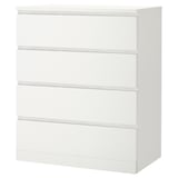 A white MALM chest of drawers. It has four drawers, a smooth surface, and a sleek, rectangular shape. Perfect for bedroom storage.