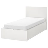 A white MALM bed with a headboard, featuring storage and a slatted base.
