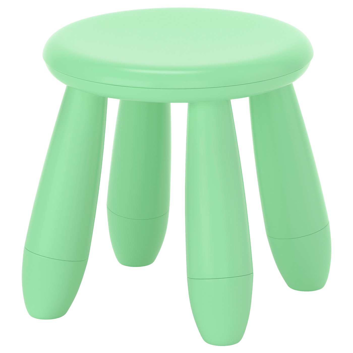 A light green, round stool named MAMMUT, made of durable plastic, designed for childrens outdoor and indoor use.