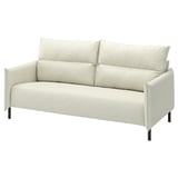 The MANNARP sofa is a modern, light beige, eco-friendly couch with sleek metal legs, plush cushions, and a removable, machine-washable cover.