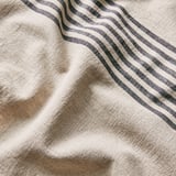 Close-up of striped cotton-linen blend, soft texture, neat seams, touch fastener.
