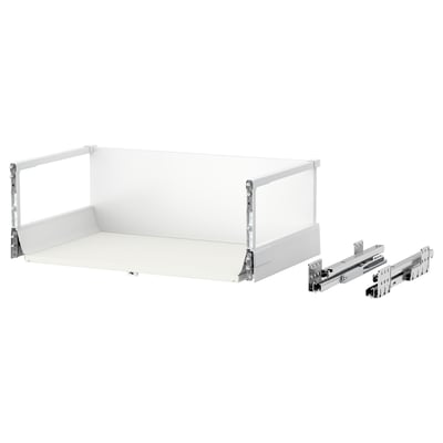 A white MAXIMERA drawer system with metal runners. Its designed for smooth, full-extension and quiet closure.