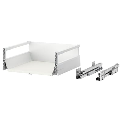 MAXIMERA white drawer system with metal runners, featuring smooth-glide closure and removable organizers.