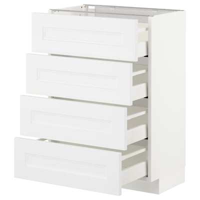 White METOD kitchen cabinet with four partially open drawers.
